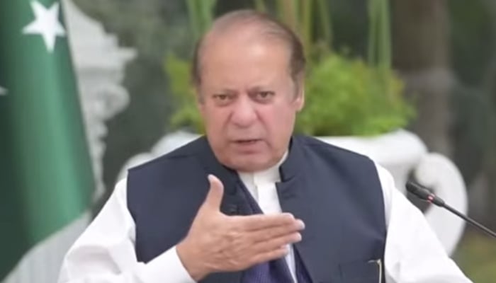 Former prime minister and PML-N supremo Nawaz Sharif speaks during a gathering of the newly-elected parliamentarians in Lahore, November 26, 2025. — Screengrab via YouTube/Geo News