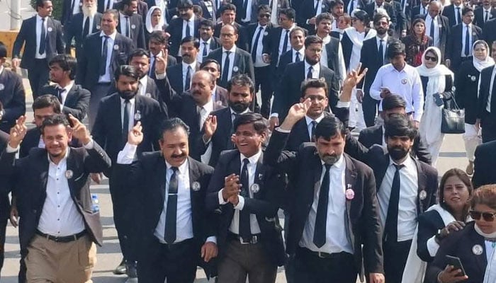 Lawyers stage a protest on a Karachi road on November 26, 2026. — Facebook/Abdul Rauf Malik