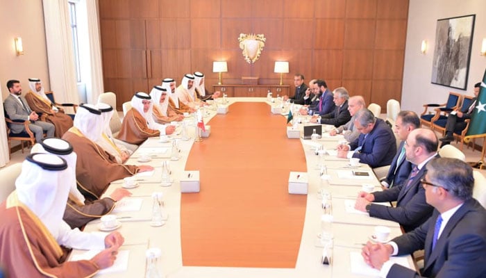 Prime Minister Shehbaz Sharif meets Bahrain Crown Prince Salman bin Hamad Al Khalifa at a delegation-level meeting on November 26, 2025 in Manama. — PMs Office