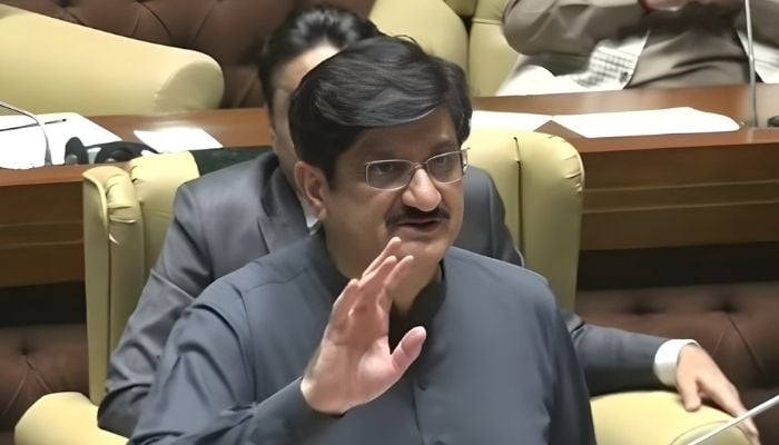 Sindh Chief Minister Murad Ali Shah speaks during a Sindh Assembly session, November 27, 2025. — Screengrab via YouTube/Geo News