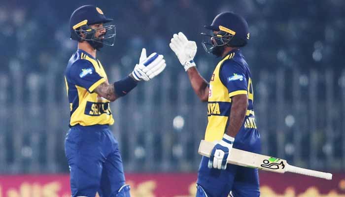 Sri Lanka’s Kamil Mishara and Janith Liyanage celebrate the formers fifty during their T20I tri-series game against Pakistan the Rawalpindi Cricket Stadium, November 27, 2025. — PCB