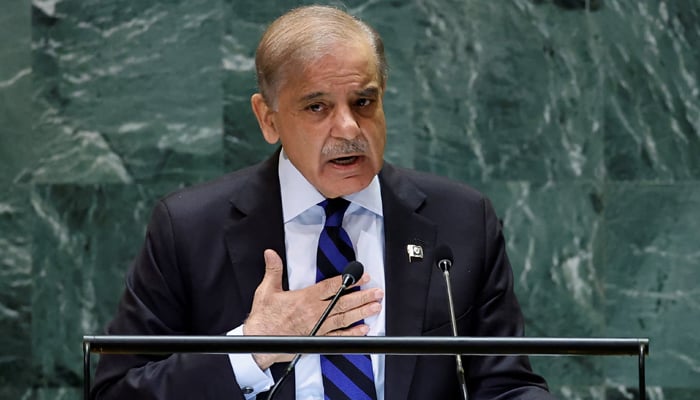 Prime Minister Shehbaz Sharif addresses the 79th United Nations General Assembly at UN headquarters in New York, US, September 27, 2024. — Reuters
