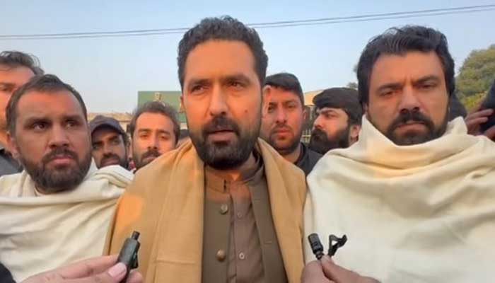 Khyber Pakhtunkhwa Chief Minister Sohail Afridi speaking to media on Adiala Road on November 28, 2025. — Facebook@ImMuhammadSohailAfridi