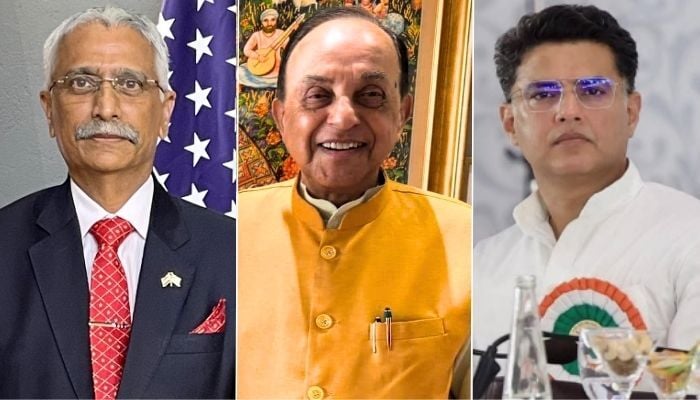 From left: Photo collage shows the Indian delegation, former Indian army chief General (retd) MM Naravane, Indias former law minister Dr Subramanian Swamy and former Rajasthan deputy chief minister Sachin Pilot. — X/ManojNaravane/Facebook/Swamy39/Instagram/@sachinp