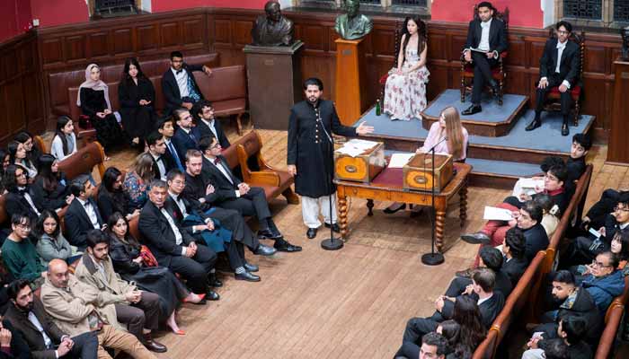 Pakistani student Moosa Harraj speaks during debate against Indian students at Oxford Union debate at Oxford University, London, November 28, 2025. — Reporter