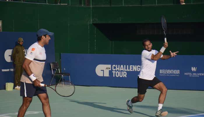 Tennis stars Aisam-ul-Haq and Muzammil Murtaza in action during the semi-final of the ATP tournament in Islamabad on November 28, 2025. — Reporter