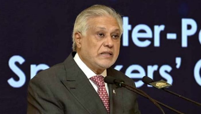 Deputy Prime Minister and Foreign Minister Senator Ishaq Dar addresses the Inter-Parliamentary Speakers’ Conference (ISC), Islamabad, November 12, 2025. — APP