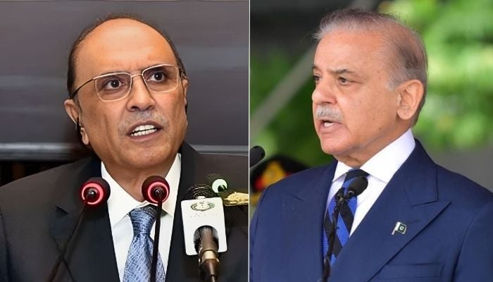 This collage shows President Asif Zardari (left) and Prime Minister Shehbaz Sharif. — RadioPakistan/X/Prime Ministers Office