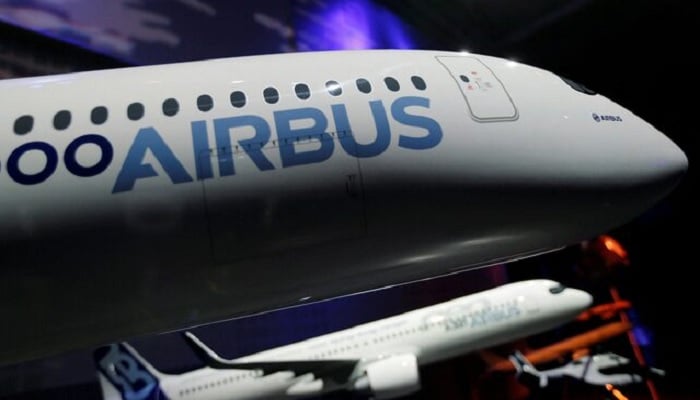 The Airbus logo is pictured on a scale model of an Airbus A350 as Airbus announces annual results in Blagnac, near Toulouse, France, February 14, 2019.— Reuters