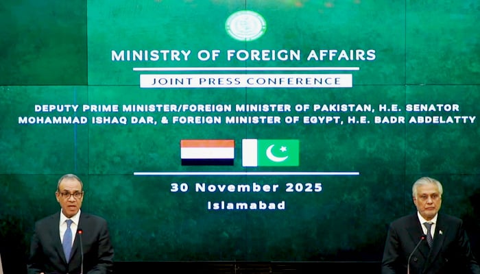 Deputy Prime Minister Ishaq Dar (right) speaks during a press conference with Egyptian Foreign Minister Dr Badr Abdelatty at the Ministry of Foreign Affairs in Islamabad on Nov 30, 2025. — X/ForeignOfficePk