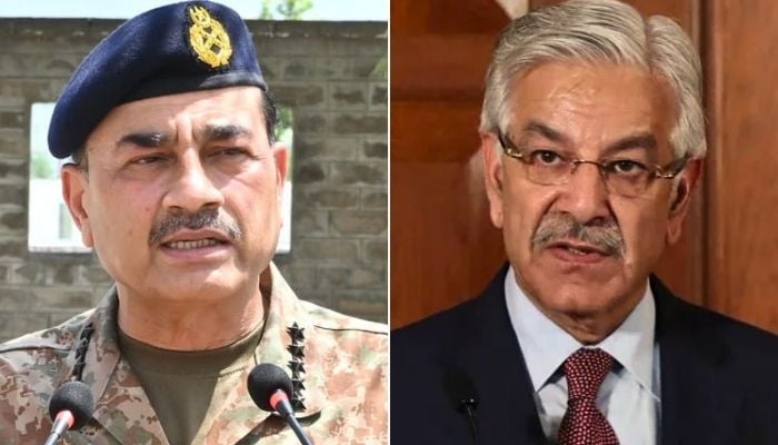Chief of Army Staff (COAS) Field Marshal Asim Munir (left) and Defence Minister Khawaja Asif. — Online/AFP