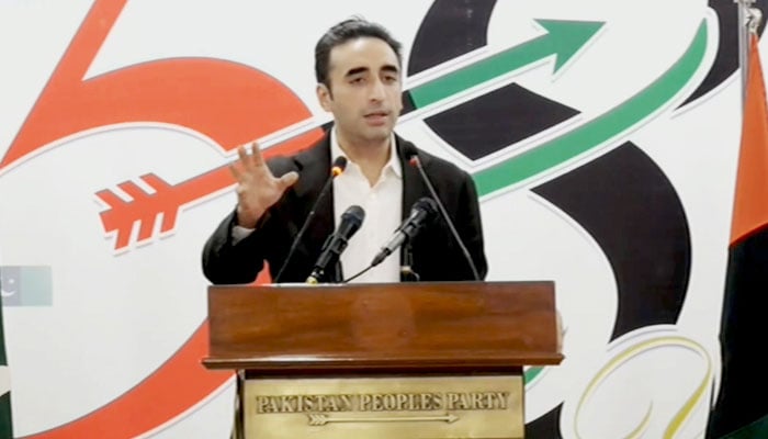 Pakistan Peoples Party Chairman Bilawal Bhutto-Zardari addresses a public rally in Larkan on November 30, 2025. — X@MediaCellPPP