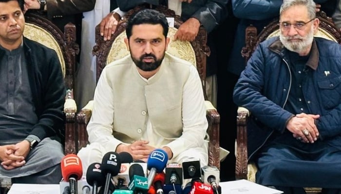 Khyber Pakhtunkhwa (KP) Chief Minister Sohail Afridi addresses a press conference, Peshawar, November 30, 2025. — X/@PTIKPOfficial