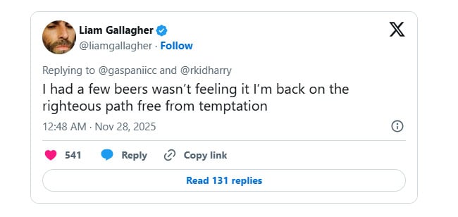 Liam Gallagher shares major life update after Oasis reunion tour ends