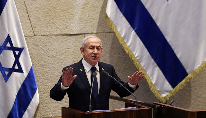 Israeli Prime Minister Benjamin Netanyahu speaks at the plenum of the Knesset, Israels parliament, in Jerusalem, November 10, 2025. — Reuters