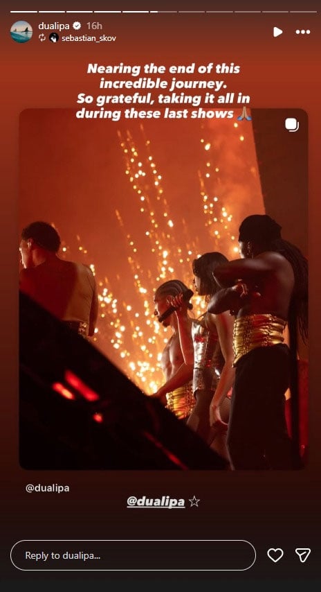 Dua Lipa takes moment to reflect as tour nears its end: Grateful