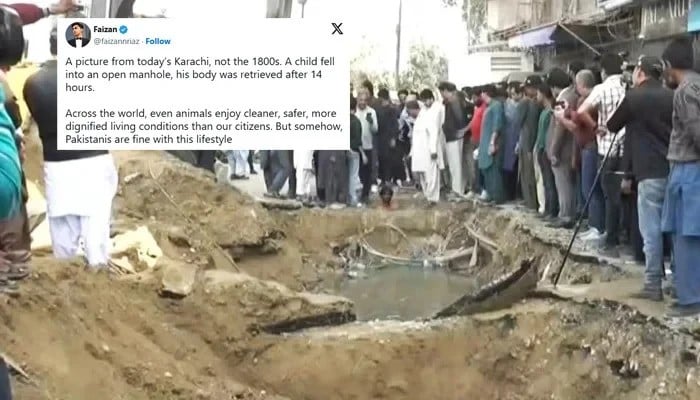 People gather as search and rescue operation continues to locate a boy who fell into an open manhole in Gulshan-e-Iqbal, Karachi, December 1, 2025. — Screengrab via YouTube/Geo News