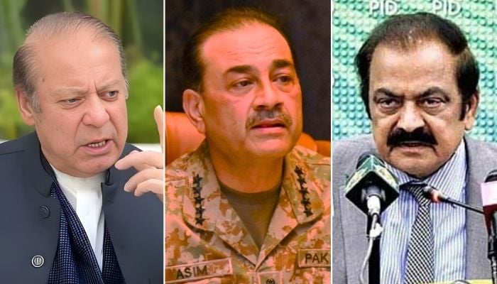 The collage of photos show (left) PML-N President Nawaz Sharif, Chief of Army Staff (COAS) Field Marshal Asim Munir, and Adviser to the Prime Minister on Political Affairs Rana Sanaullah. — Screengrab via Geo News/ISPR/PID