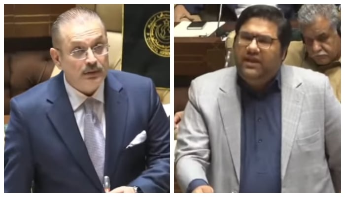 Sindh Senior Minister Sharjeel Inam Memon (left) and MQM-P MPA Taha Ahmed speak during a Sindh Assembly session in Karachi, on December 1, 2025. — Geo News