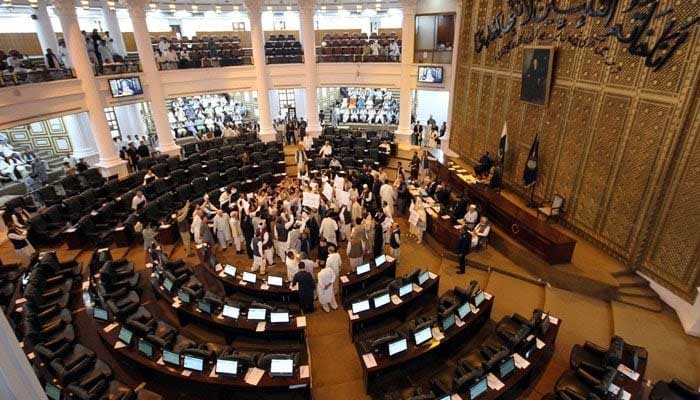 Opposition lawmakers protest during the KP Assembly’s 2025–26 budget session in Peshawar on June 13, 2025. — PPI