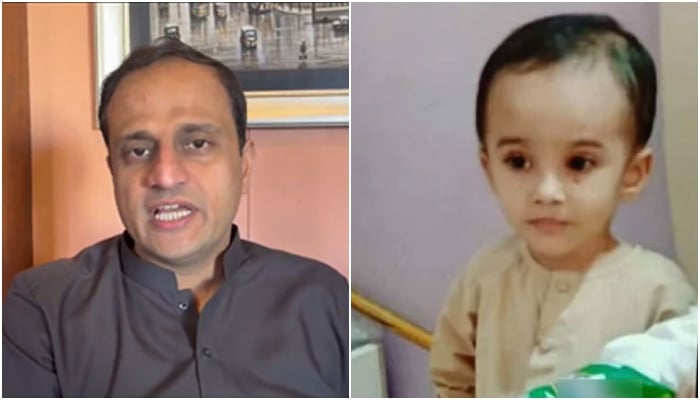 Karachi Mayor Barrister Murtaza Wahab (left) and three-year-old Ibrahim. YouTube/Geo News/Facebook/@KmcPakistan/screengrab