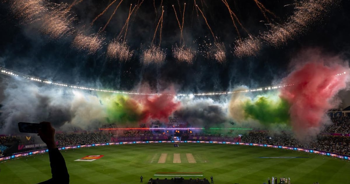 Turf lights up in waves of red, green, white, and black smoke — the colours of the UAE flag —  during the opening ceremony of the ILT20 Season 4, on December 2, 2025. — Emirates Cricket Board