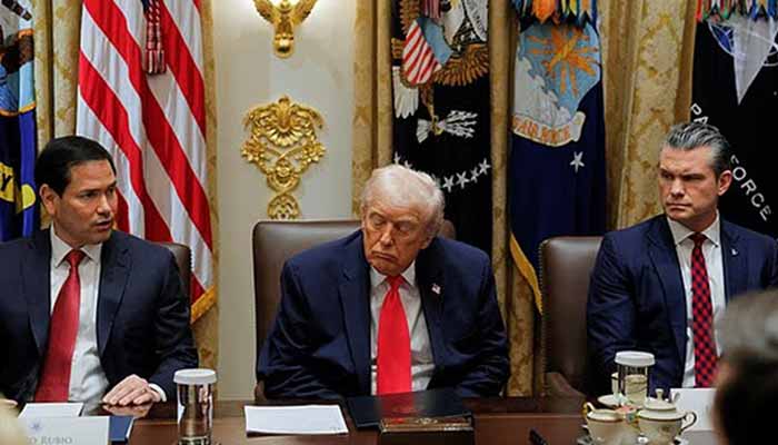 Donald Trump appears to nod off while sitting alongside Secretary of State Marco Rubio (left) and Secretary of Defence Pete Hegseth (right). — Reuters