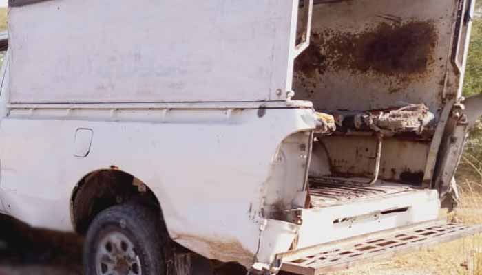 This image shows police vehicle that was targeted in the IED blast in DI Khan on Dec 3, 2025. — Screengrab via Geo News