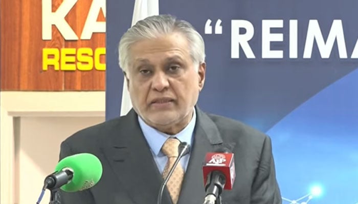 Deputy Prime Minister (DPM) and Foreign Minister Ishaq Dar speaking at the Islamabad Conclave 2025, titled “Reimagining South Asia: Security, Economy, Climate, Connectivity on December 3, 2025. — Geo News live