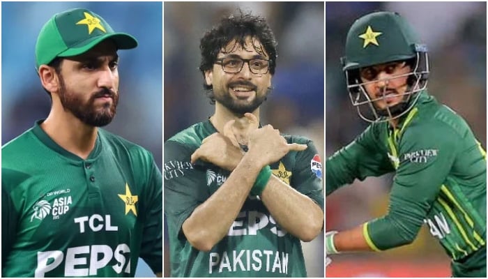(From left to right) Pakistan’s T20I skipper Salman Ali Agha, Abrar Ahmed and Saim Ayub. —ACC/PCB/AFP/File