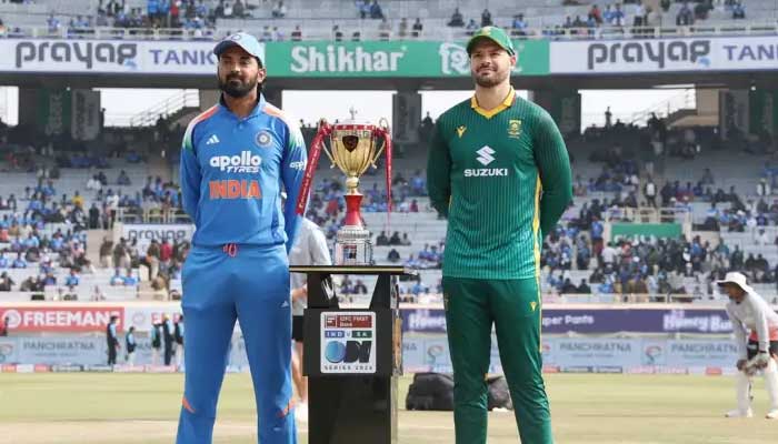 Indian captain KL Rahul and South African skipper Aiden Markram pose with trophy ahead of toss. — BCCI