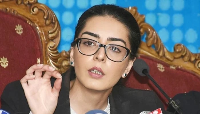 Advocate Imaan Mazari addressing a press conference at National Press Club in Islamabad, on February 17, 2023. — Online