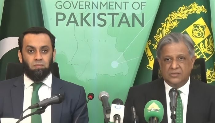 Law Minister Azam Nazeer Tarar (right) addresses a joint press conference alongside Information Minister Attaullah Tarar, Islamabad, December 4, 2025. — Screengrab via YouTube/Geo News