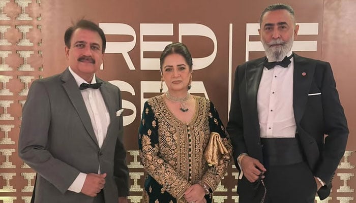 Pakistani actors Atiqa Odho, Tausiq Haider, and Shehzad Nawaz at Red Sea International Film Festival. — Instagram@atiqaodhoofficial