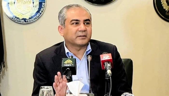 Interior Minister Mohsin Naqvi speak to media persons on April 28, 2025. — Facebook/@Ministry of Interior GoP