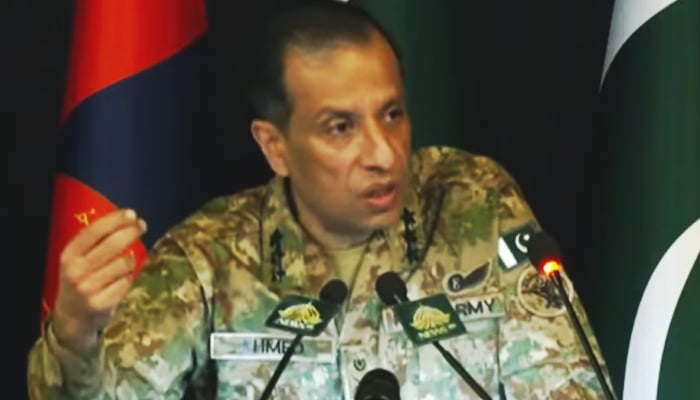 Inter-Services Public Relations (ISPR) Director General (DG) Lieutenant General Ahmed Sharif Chaudhry speaks during a press conference in Rawalpindi, December 5, 2025. — Screengrab via YouTube/Geo News