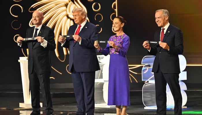 FIFA President Gianni Infantino, US President Donald Trump, Mexicos President Claudia Sheinbaum and Canadas Prime Minister Mark Carney during the draw Pool at John F Kennedy Centre for the Performing Arts, Washington, DC, US on December 5, 2025. — Reuters