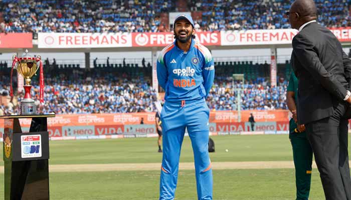 Indias captain KL Rahul smiles after winning the toss against South Africa before the start of the match on December 6, 2025. X/@BCCI