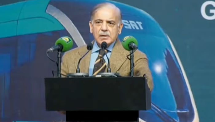 PM Shehbaz Sharif addresses a ceremony in Gujranwala on December 6, 2025. — Screengrab via Geo News