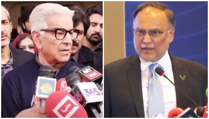Defence Minister Khawaja Asif (left) and Planning Minister Ahsan Iqbal. — Screengrab via YouTube/Geo News