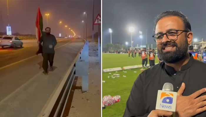 This collage shows Pakistani expatriate, Tahir Ameen, who retrieved United Arab Emirates flag at Sheikh Mohammed bin Zayed Road, Dubai. — Screengrab via video/Reporter