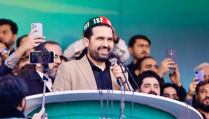 Khyber Pakhtunkhwa Chief Minister Sohail Afridi speaks during a PTI gathering in Peshawar, KP, December 7, 2025. — Facebook@ImMuhammadSohailAfridi
