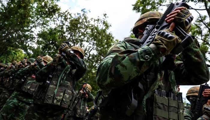 Soldiers salute as Thailands Prime Minister Paetongtarn Shinawatra visits the Ranger Company 1202 on a Thailand-Cambodia border town of Aranyaprathet district, Sa Kaeo province, Thailand, June 26, 2025. — Reuters