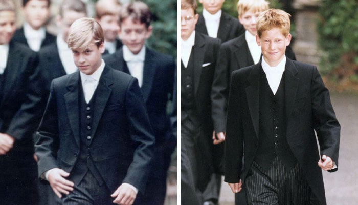 Prince William in 1995 and Prince Harry in 1998 arriving at Eton as students
