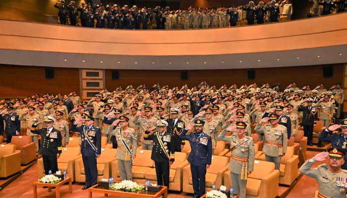 CDF Field Marhsal Asim Munir pictured alongside heads of Pakistan Air Force, Pakistan Navy and other officers at GHQ on December 8, 2025. — ISPR