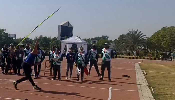 WAPDAs Arshad Nadeem in action during the mens Javelin throw final at the 35th National Games in Karachi on December 8, 2025. — X/@faizanlakhani