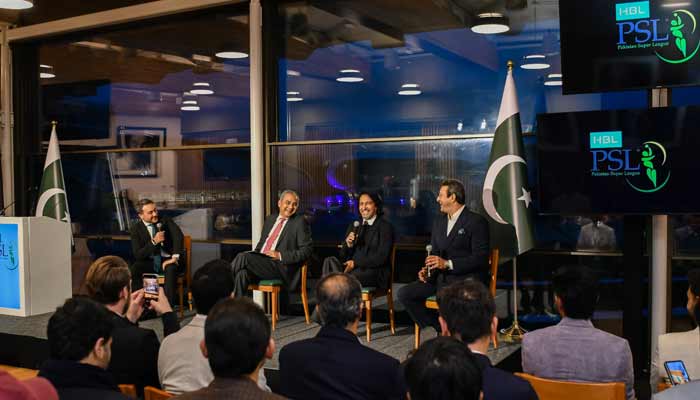 PCB Chairman Mohsin Naqvi (left) speaks at PSL Roadshow at the iconic Lords Cricket Ground, with legendry former cricketer Ramiz Raja (centre) and former pacer Wasim Akram, on December 8, 2025, at  Lords Cricket Ground, London. — X/@thePSLt20