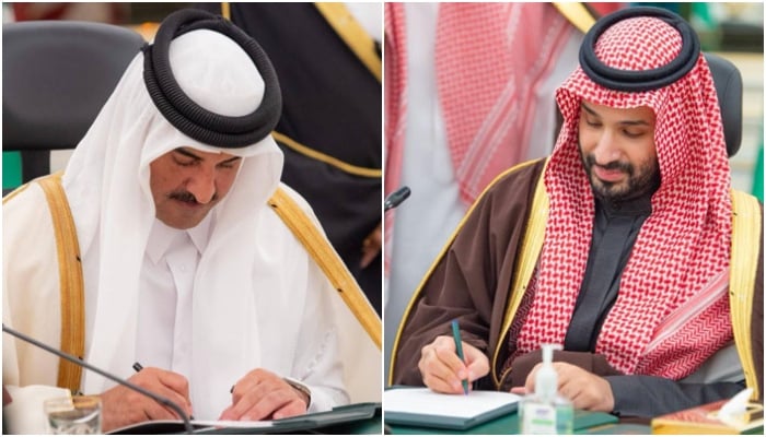This collage of pictures shows Qatars Emir Sheikh Tamim bin Hamad Al Thani and Saudi Crown Prince Mohammed bin Salman sign the high-speed train project on December 8, 2025. — Facebook/ Mohammed bin Salman Fan Club