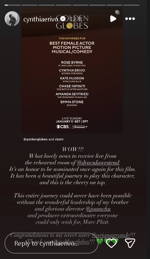 Cynthia Erivo marks back-to-back Golden Globes nomination with sweet note