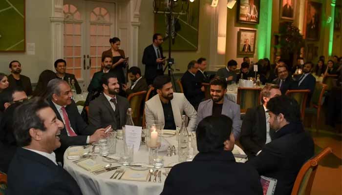 Former Pakistani pacer Wasim Akram (left), PCB Chairman Mohsin Naqvi, batter Sahibzada Farhan, pacer Haris Rauf, batter Babar Azam, and others sit together during PSL roadshow at Lords Cricket Ground in London on Sunday, December 7, 2025. — Instagram/@thepsl